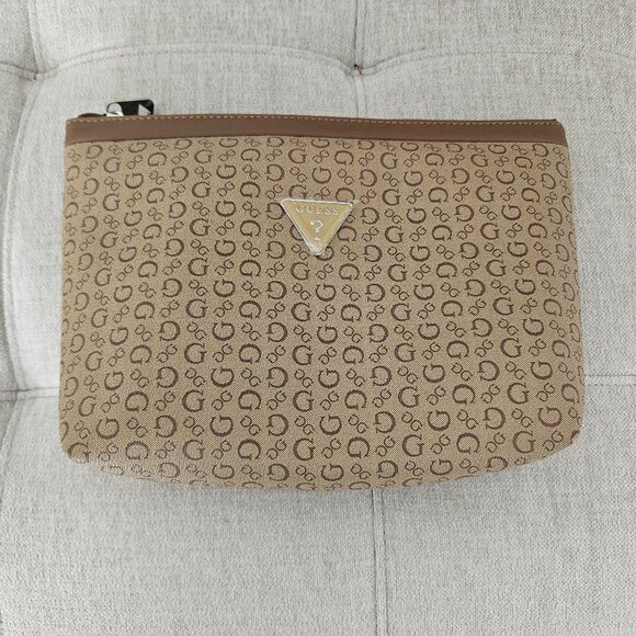 Guess Mocha Travel Bag Gold Logo Cosmetics Case 7200959 10.5" x 8" - Picture 1 of 11